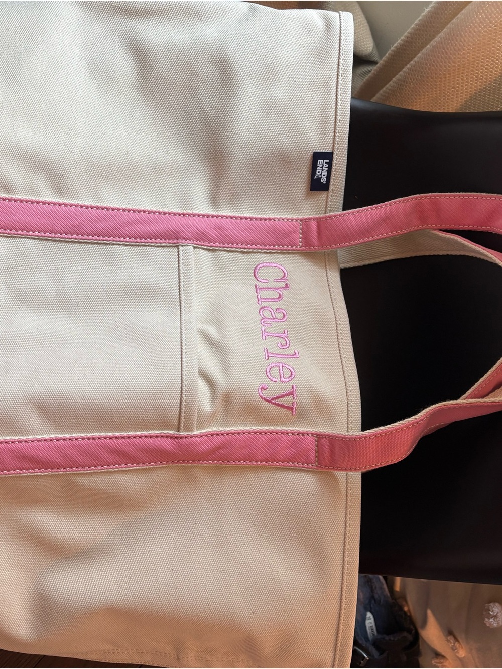 Lands' End Cream Canvas Tote with Pink Trim and Monogram